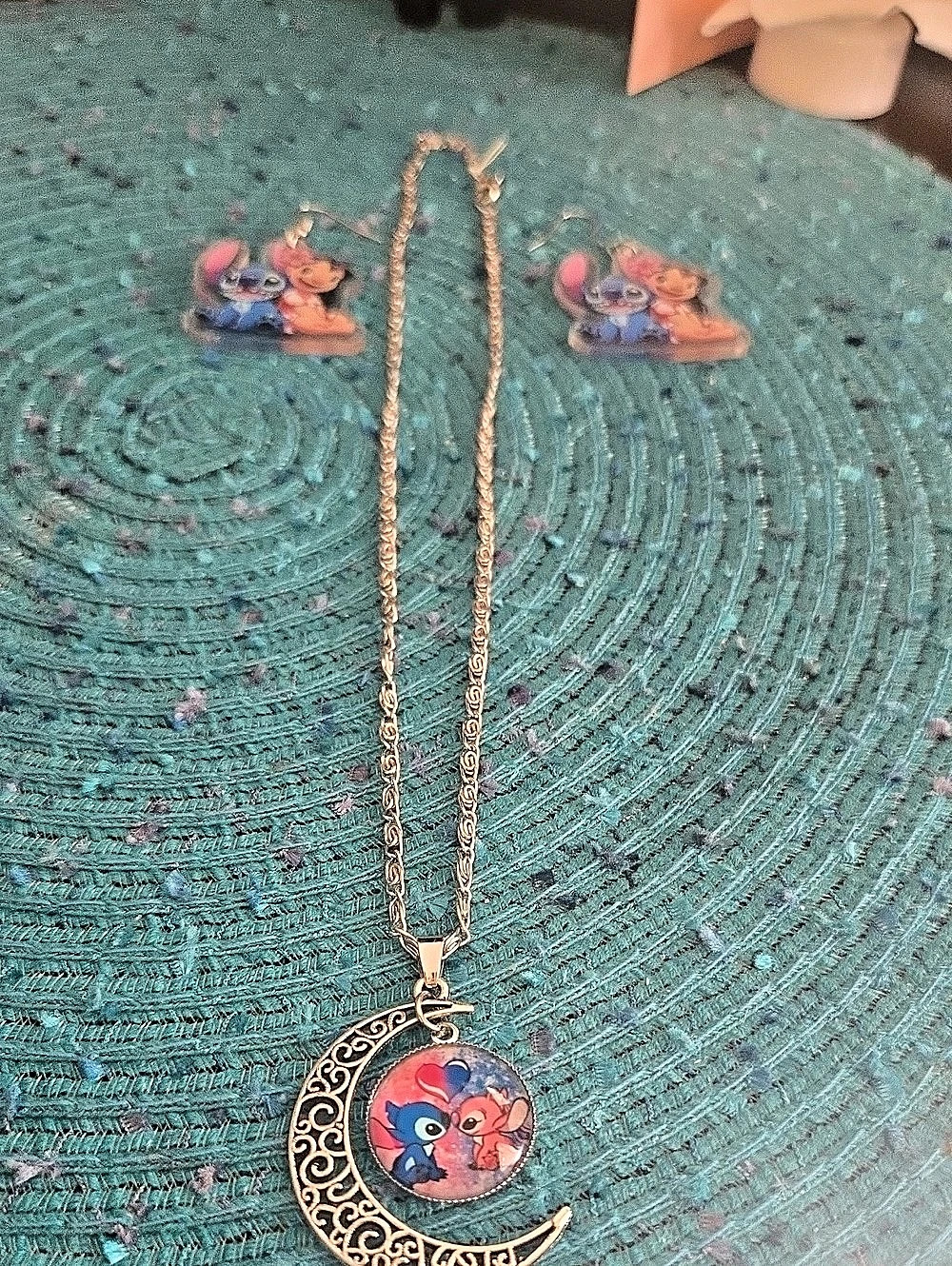 Stitch & Angel Silver Colored Necklace Earring Set